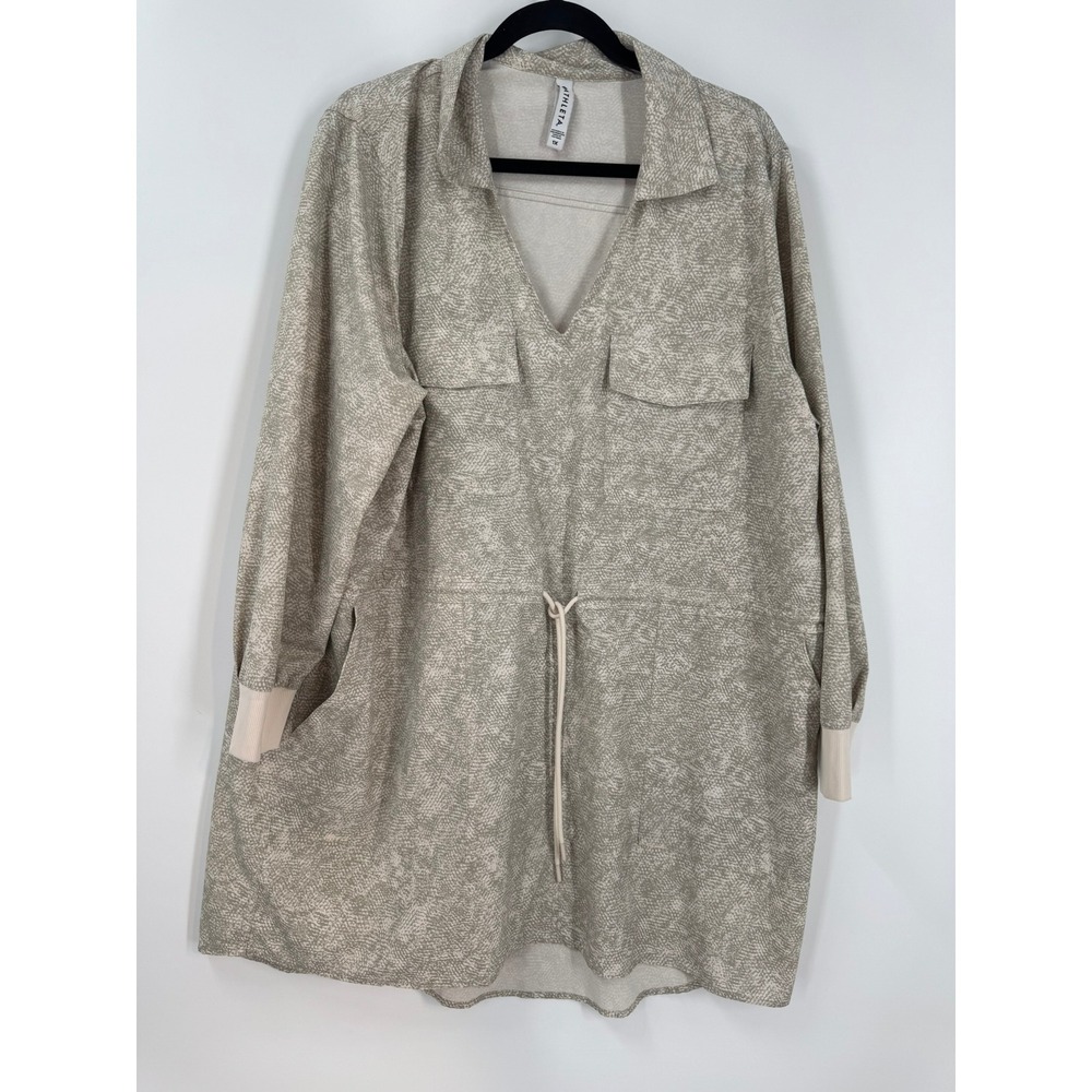 Athleta Zuma Women's Shirt Dress 1X Beige‎ V-Neck Button Front Tie Waist